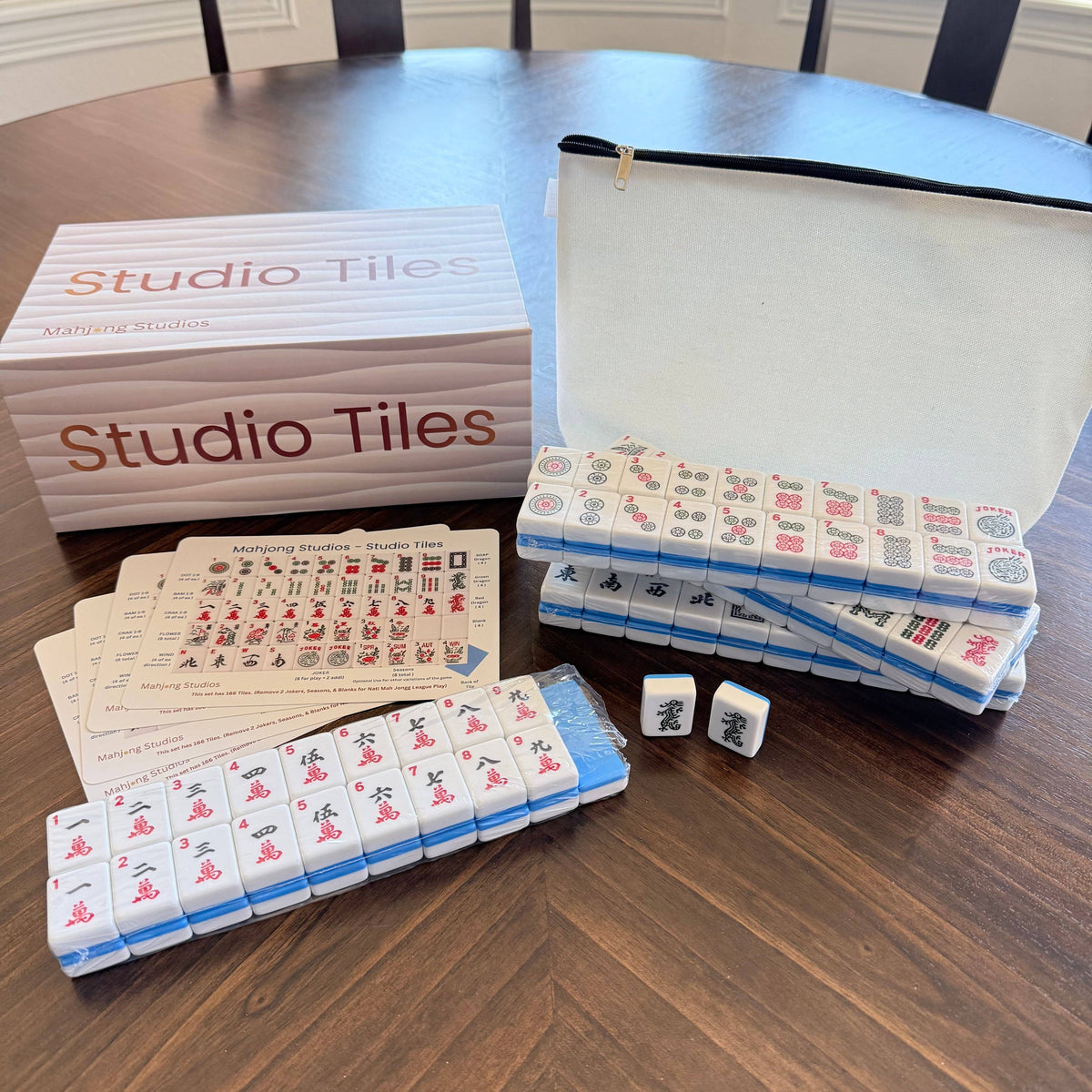 Mahjong Bundle – American Mahjong Tile Set (166 Tiles) 2-Color Blue, Studio Tiles Clear Racks